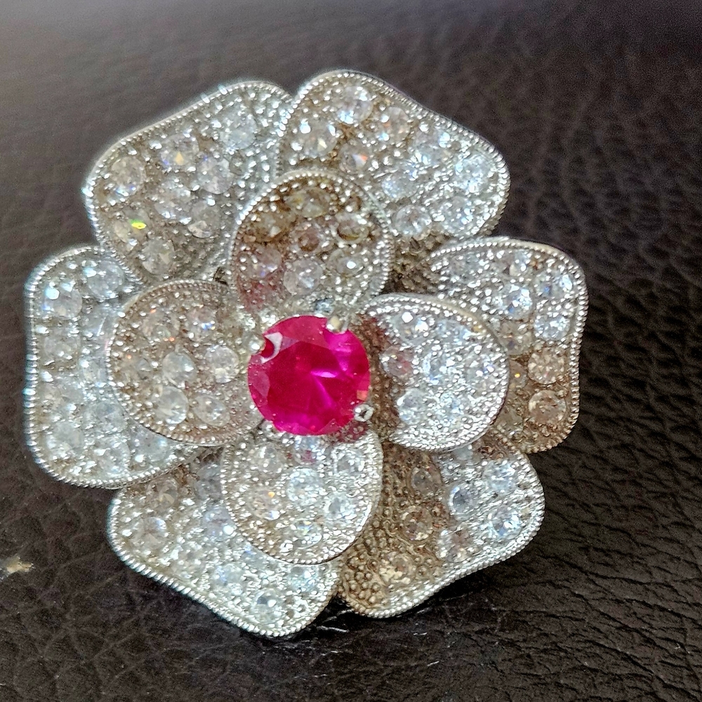 10k White Gold Over 925 Sterling Silver Synthetic Ruby & Diamond  Floral Ring